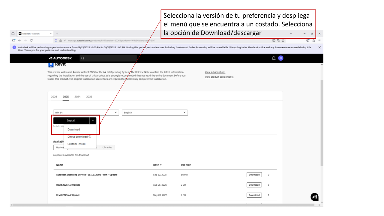 Elige versión, idioma y método de descarga